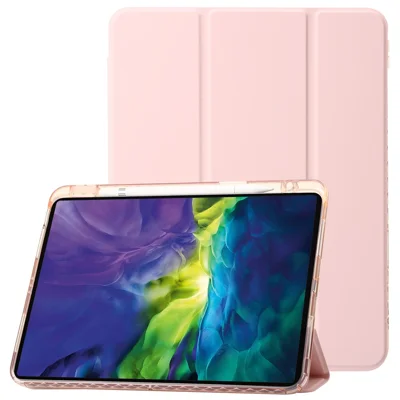 For iPad Pro 11 (2025) / 11 (2024) Case Clear Back PU Leather Tri-Fold Stand Cover with Pencil Holder - Pink