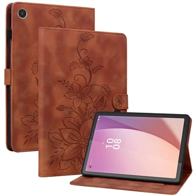 For Lenovo Tab M8 (4th Gen) 2024 TB-301XU / M8 (4th Gen) 2023 TB-300FU Case Card Slots Lily Flower Imprinted Leather Tablet Cover - Brown