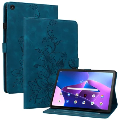 For Lenovo Tab M10 (Gen 3) Case Card Holder PU Leather Lily Flower Tablet Cover - Blue