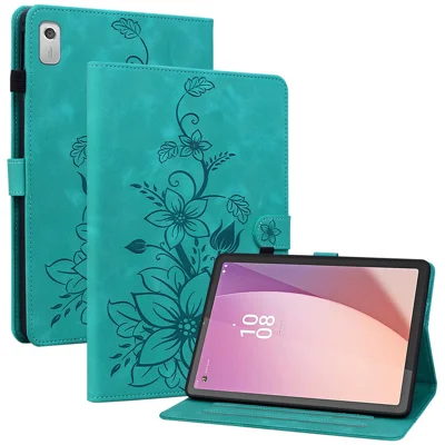 For Lenovo Tab M9 TB-310FU Case Imprinted Lily Flower PU Leather Card Slots Tablet Cover - Green