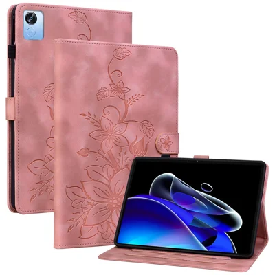 For Realme Pad X Case Lily Flower Imprint Leather Drop-Proof Tablet Cover with Card Holder - Pink