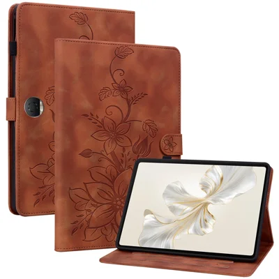 For Honor Pad 9 Case with Card Slots Lily Flower Imprint Leather Stand Tablet Cover - Brown
