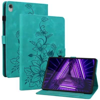 For Lenovo Tab M10 Plus TB-X606F / TB-X606X Case PU Leather Lily Flower Pattern Stand Tablet Cover - Green