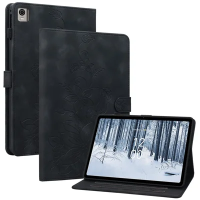 For Nokia T21 Protective Case Lily Flower Imprint PU Leather Card Slots Tablet Cover - Black