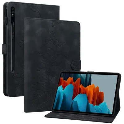 For Samsung Galaxy Tab S7 / S8 Case Flower Imprint PU Leather Drop-proof Tablet Cover - Black