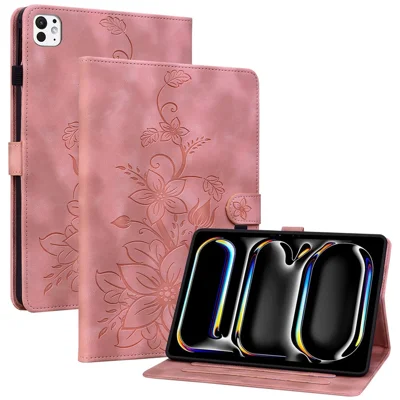 For iPad Pro 11 (2025) / 11 (2024) Case Lily Flower Design PU Leather Drop Protection Tablet Cover - Pink
