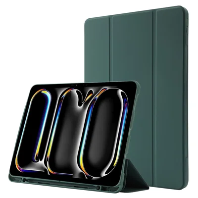 For iPad Pro 13 (2025) / 13 (2024) Case Skin-Touch Leather Tri-Fold Stand Tablet Cover with Pencil Holder - Blackish Green