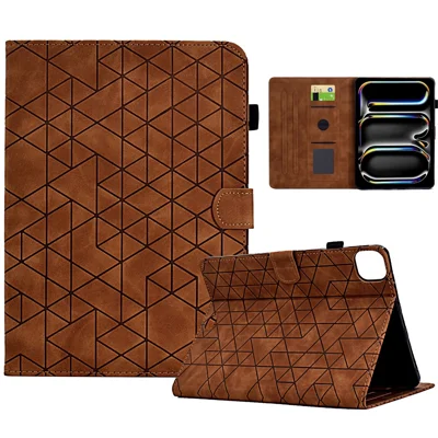 A6 For iPad Pro 11 (2025) / (2024) Case Card Slots Stand Rhombus Auto Wake  /  Sleep Leather Tablet Cover - Brown