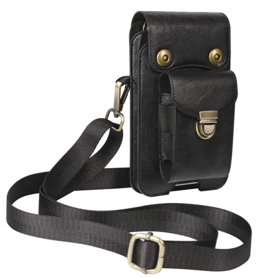6.7 inch Crossbody Bag Vertical Phone Waist Bag Leather Belt Bag with Shoulder Strap - Black