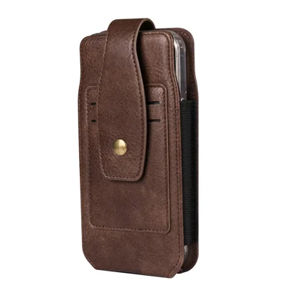 For 6.7 - 6.9 Inch Phone Pouch Vertical Card Holder PU Leather Elastic Side Bands Waist Case - Coffee