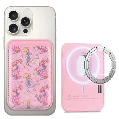MC-W42 Magnetisk kortlomme med telefonwallet, blomstertryk, ultra tynd kortmappe, kompatibel med iPhone 12 - 17-serien - Lyserød