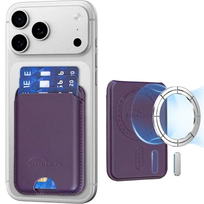 BINFEN COLOR BFK52 Magnetic Card Holder Kickstand PU Leather 3-Card Wallet for iPhone 12 - 17 Series Smartphones - Dark Purple