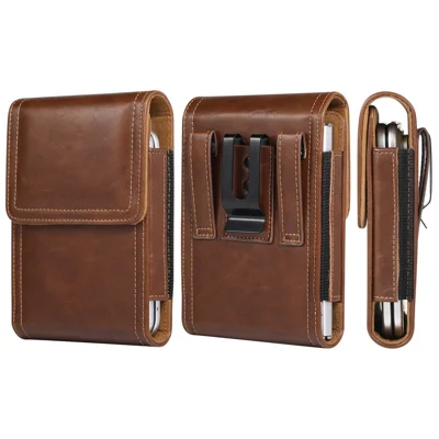 Funda para teléfono iPhone Duo / Xiaomi 18 Fold / Samsung Galaxy Z Fold8 Funda de almacenamiento para teléfono de cuero PU con clip para cinturón - Marrón