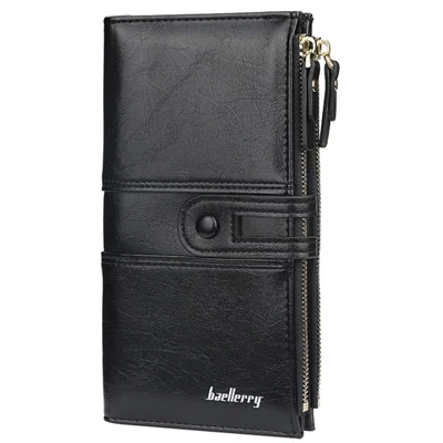 BAELLERRY N1825 PU Leather Long Clutch Bag Wallet Snap Button Zipper Purse Cards Cash Phone Storage Bag - Black