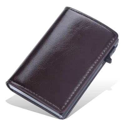 BAELLERRY K9178 Desenho de Botão Lateral RFID Bloqueando Porta-cartão de Couro PU + Alumínio Liga Homens Sacos de Armazenamento de Cartão de Crédito - Café