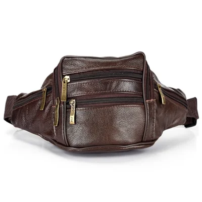 Large Cowhide Leather Waist Pack Zipper Pocket Design Fanny Belt Bag for Daily Use Travel Hiking - Coffee