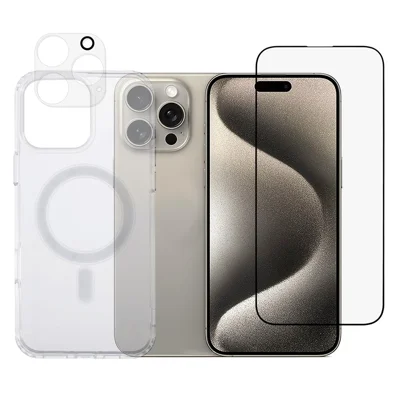 For iPhone 16 Pro TPU+Acrylic Phone Case with Silk Printing Tempered Glass Screen Film+Clear Lens Film