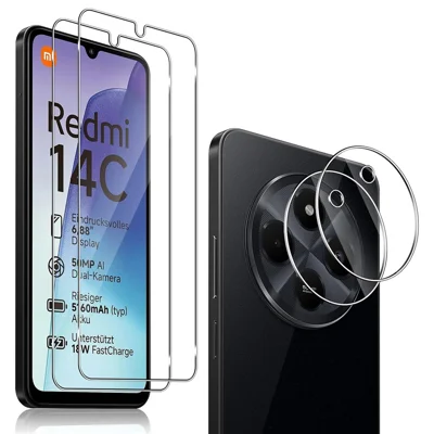 2Pcs For Xiaomi Poco C75 4G / Redmi 14R 5G / 17C 4G / 14C 4G Screen Protector 2.5D Arc Edge High Clarity Tempered Glass Film with Camera Lens Film