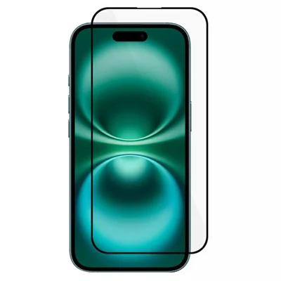 Engroskøb af skærmværn til iPhone 16, antistatisk, med silkeprint, sorte buede kanter, høj kvalitet af aluminium-siliciumglasfilm
