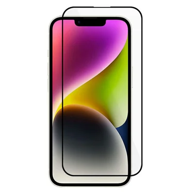 Engroskøb af iPhone 14 skærmværn, antistatisk, silkeprint, sorte buede kanter, højt aluminium-silicium glasfilm