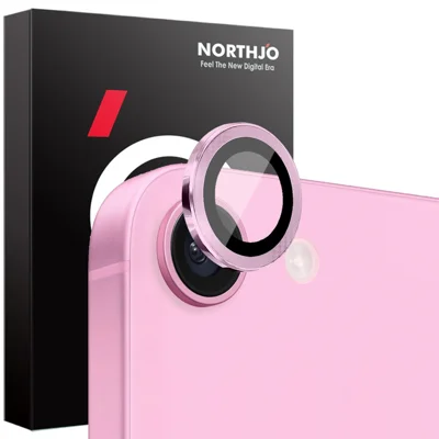 NORTHJO 1 zestaw folii na aparat iPhone 16e + szkło hartowane + osłona obiektywu z metalową ramką - różowy