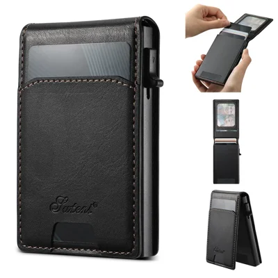 SUTENI Magnetic Card Holder Large Capacity Waxed Texture Leather 8 Card Slots Case - Black