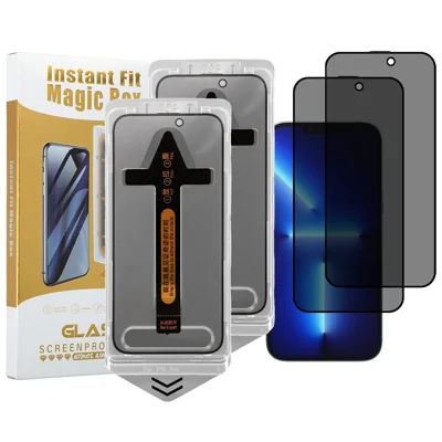 قطعتان لواقي شاشة لهاتف iPhone 14 Plus / 13 Pro Max، واقي شاشة مضاد للتجسس مصنوع من زجاج السيليكون والألومنيوم عالي التحمل مع أداة إزالة الغبار