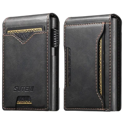 SUTENI Card Holder Imprint Waxy Texture PU Leather Automatic Pop-Up Metal Card Case - Black