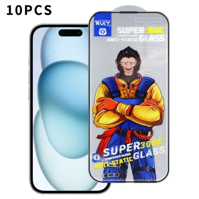 For iPhone 15 Plus 10Pcs Full Screen Protector 300C Large Arc Anti Static Silk Printing HD Clear Tempered Glass Film - As Shown