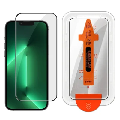 Für iPhone 13 Pro Vollbildschutz HD-klares Seidendruck-Hochaluminium-Silicium-Glasfolie mit Staubentfernungs-Installationsrahmen – wie abgebildet