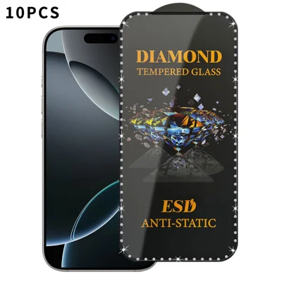 10Pcs For iPhone 15 Pro Max Tempered Glass Diamond Silk Printing Full Screen HD Anti-Static Screen Protector - Transparent