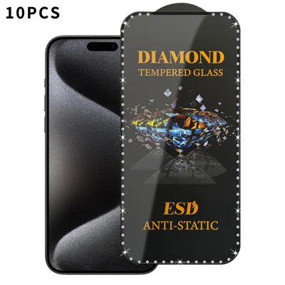 10Pcs For iPhone 15 Pro Tempered Glass Diamond Silk Printing Full Screen HD Anti-Static Screen Protector - Transparent