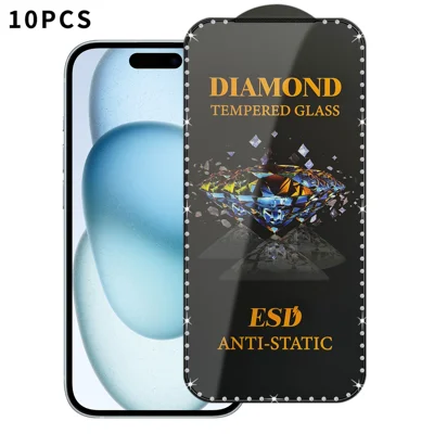 10Pcs For iPhone 15 Tempered Glass Diamond Silk Printing Full Screen HD Anti-Static Screen Protector - Transparent