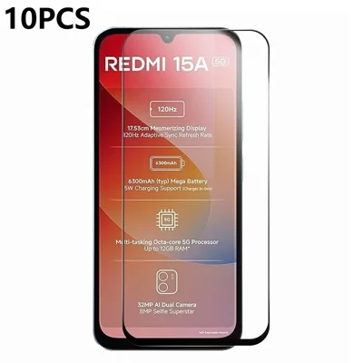 RURIHAI 10 Stück für Xiaomi Redmi 15a 5G Aluminium-Silizium-Glasfolie Vollklebung 0,26 mm 2,5D Vollschirmschutz