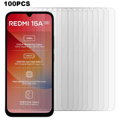 100 Stück für Xiaomi Redmi 15a 5G Displayschutzfolie Vollklebe Anti-Scratch Gehärtetes Glas (KEINE Vollabdeckung) (Ohne Verpackung, mit Reinigungstüchern, Staubentferner, Anleitungsaufkleber) – Transparent