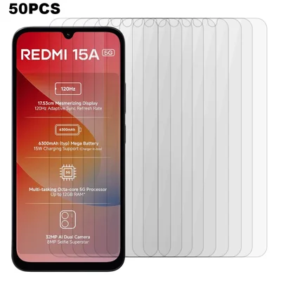 50 Stück für Xiaomi Redmi 15a 5G Displayschutz Vollklebe Gehärtetes Glas Klare Displayschutzfolie (NICHT Vollständige Abdeckung) (Ohne Verpackung, mit Reinigungstüchern, Staubentferner, Anleitungsaufkleber) – Transparent