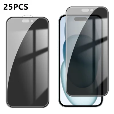  For iPhone 15 25Pcs Anti-spy Screen Protector Silk Printing High Aluminium-silicon Glass Full Cover Anti-fingerprint Privacy Film - Black