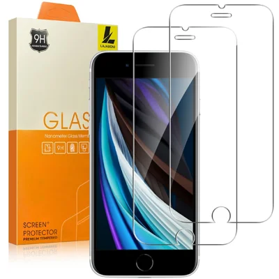 LAJABONI قطعتين لهاتف iPhone SE (2020) / SE (2022) / 8 بوصة 4.7 / 7 بوصة 4.7 حامي شاشة شفاف عالي الدقة، واقي ضد الانفجار من زجاج مقسّى بحواف قوسية 2.5D غير مغطي بالكامل - شفاف
