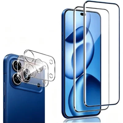 قطعتان لشاشة iPhone 18 Pro Max واقي الشاشة بحواف منحنية 2.5D شفاف عالي الدقة من زجاج مقسّى مع فيلم حماية عدسة الكاميرا - شفاف