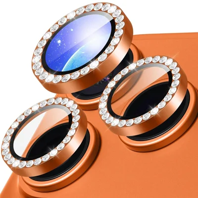 1Set For iPhone 17 Pro Camera Lens Protector Tempered Glass+Metal Ring Rhinestone Lens Film - Orange