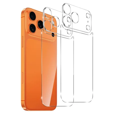 For iPhone 18 Pro Max Back Protector 2Pcs 2.5D Arc Edge Tempered Glass Phone Back Film + 2Pcs Lens Film - Transparent