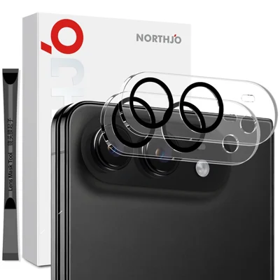 NORTHJO 2 pièces pour iPhone Fold Protecteur d'objectif caméra Cercles noirs Verre trempé transparent 3D entièrement couvrant - Noir