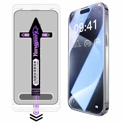 YONGPOLY para iPhone 18 Pro Max Vidro Temperado com Impressão em Seda HD Transparente com Rede à Prova de Poeira - Borda Preta