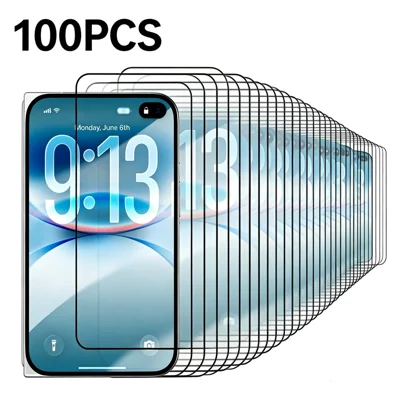 For iPhone Fold 100Pcs Tempered Glass Film Silk Print Full Glue Screen Protector - Black