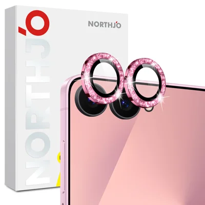 NORTHJO per Samsung Galaxy Z Flip7 5G 1 Set Film Obiettivo Fotocamera in Vetro Temperato + Protezione Obiettivo Posteriore in Metallo con Glitter (Copertura Completa) - Rosa