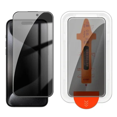  Privacy screenprotector voor iPhone 15 Pro Max 28 graden, met zijdeprint, hoogwaardig aluminium-silicium glasfolie met automatische stofvrijmaking bij installatie - Zwart