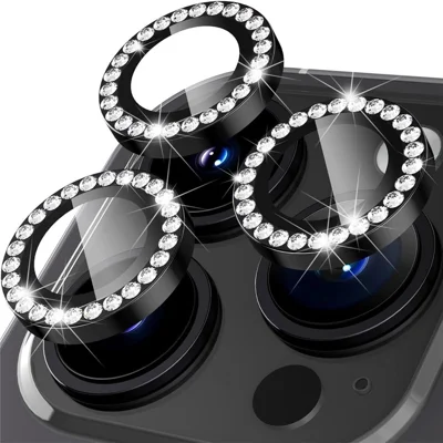 Kameraobjektivbeskytter til iPhone 15 Pro / 15 Pro Max med metal og strassring, hakket glasobjektivfilm – Sort