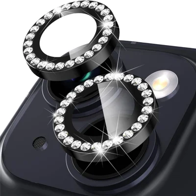 For iPhone 15 / 15 Plus Rhinestone Decor Camera Lens Protector Set Tempered Glass+Metal Ring Cover Lens Film - Black