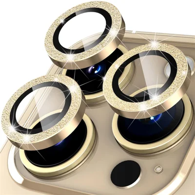 For iPhone 14 Pro / 14 Pro Max 1 Set Camera Lens Protector Metal Ring+Tempered Glass Glitter Rear Lens Film - Gold