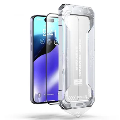 Voor iPhone 15 Pro Max Stofvrije Installatie Gehard Glasfolie Zijdeprint HD Duidelijke Volledige Schermbeschermer